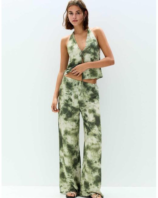 Pull&Bear Green Printed Flowing Trousers