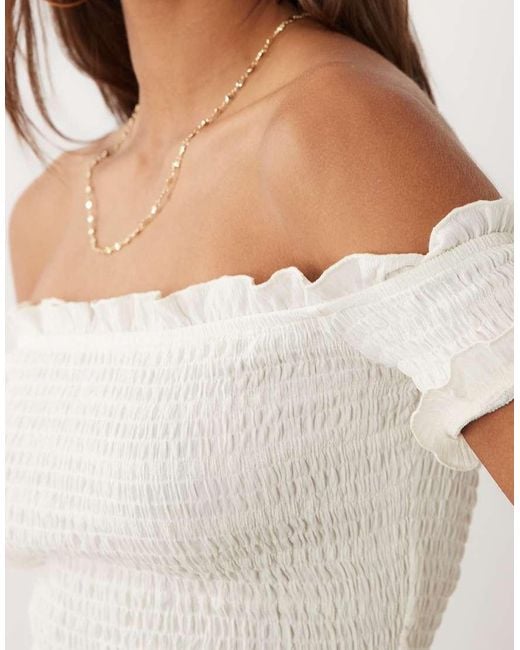 Kaiia White Exclusive Shirred Textured Peplum Bardot Top