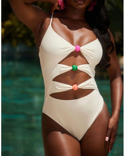 Maillot 1 pièce avec découpes et perles multicolores - crème South Beach en coloris Green