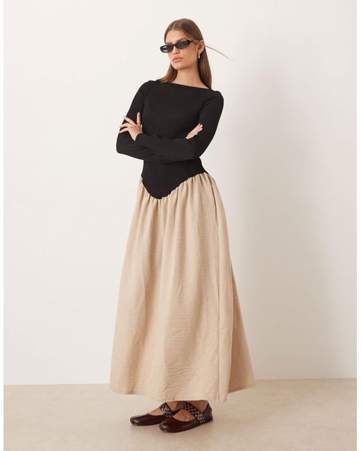ASOS Long Sleeve Slash Neck Dipped Dropped Waist Midi Dress in Natural |  Lyst