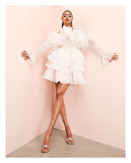 ASOS Natural Off Shoulder Wired Frill Mini Dress With Corseted Waist