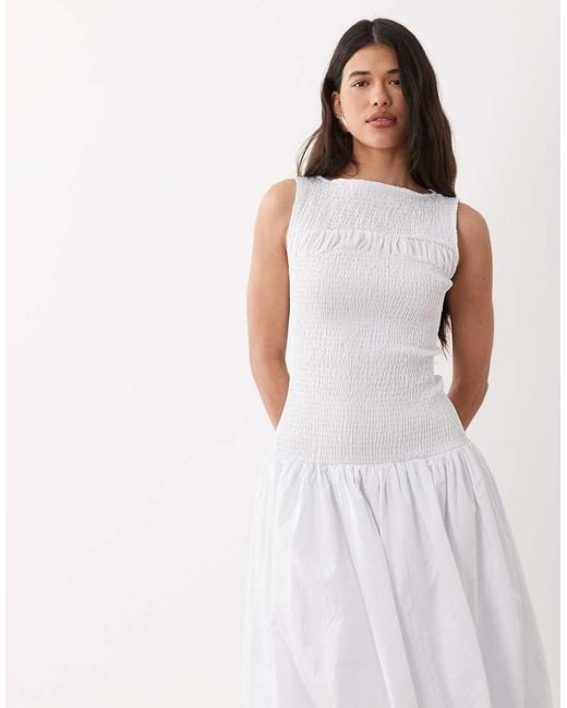 ASOS White Shirred Poplin Maxi Dress With Volume Skirt