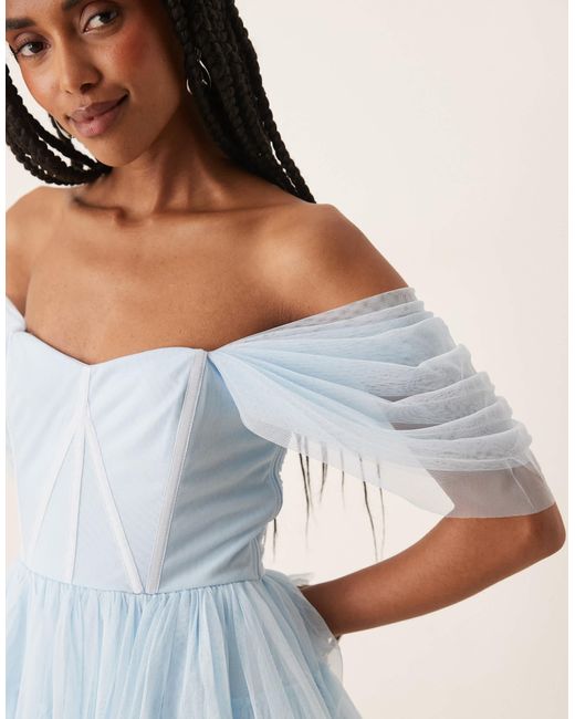 LACE & BEADS Blue Off Shoulder Corset Tulle Mini Dress