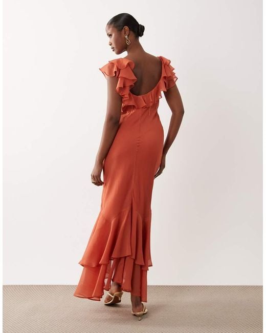 ASOS Red Frill Sleeve Maxi Dress With Fishtail Hem