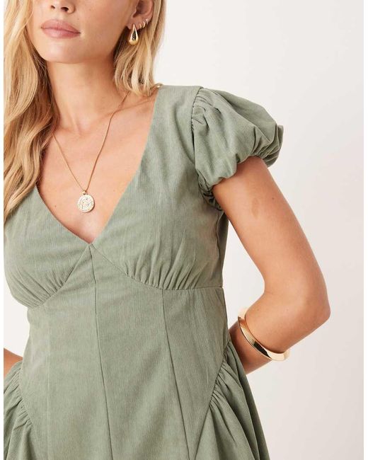 ASOS Brown Asos Design Petite Cord Corset Waist Mini Dress With Puff Sleeve