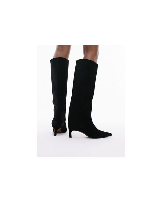 TOPSHOP Black Tara Premium Suede Mid Heel Pointed Knee Boots