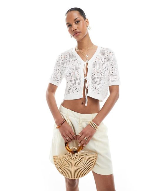 Pieces White Floral Checkerboard Crochet Top With Tie Front Detail