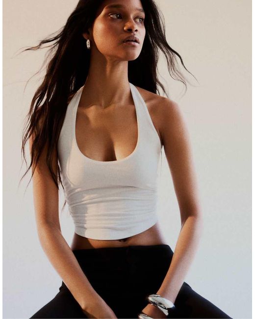 Bershka White Halter Neck Top With Back Knot