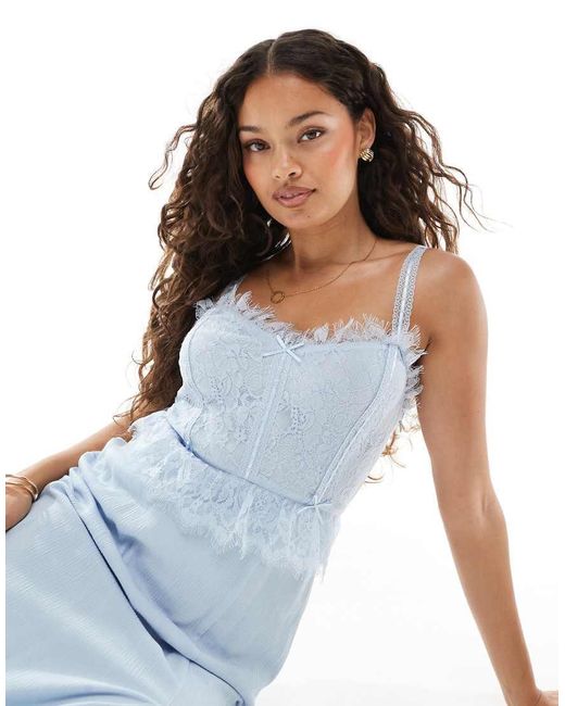 Miss Selfridge Blue Cheesecloth Corset Dress With Ribbon Trims