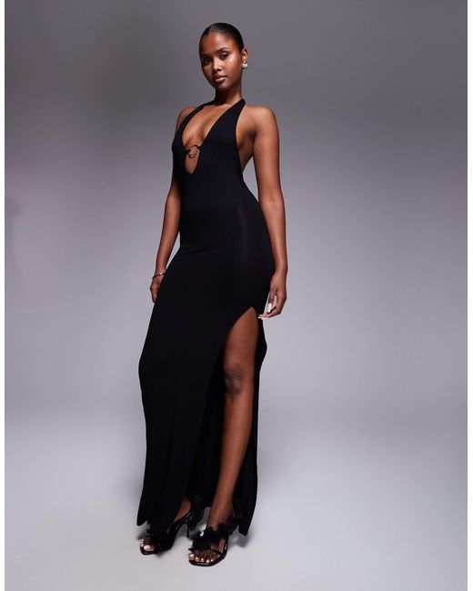 ASOS Blue Hardware Plunge Maxi Dress With Ruched Back