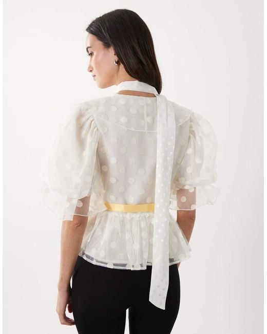 Sister Jane White Dream Cotton Blend Polka Dot Organza Puff Sleeve Wrap Top