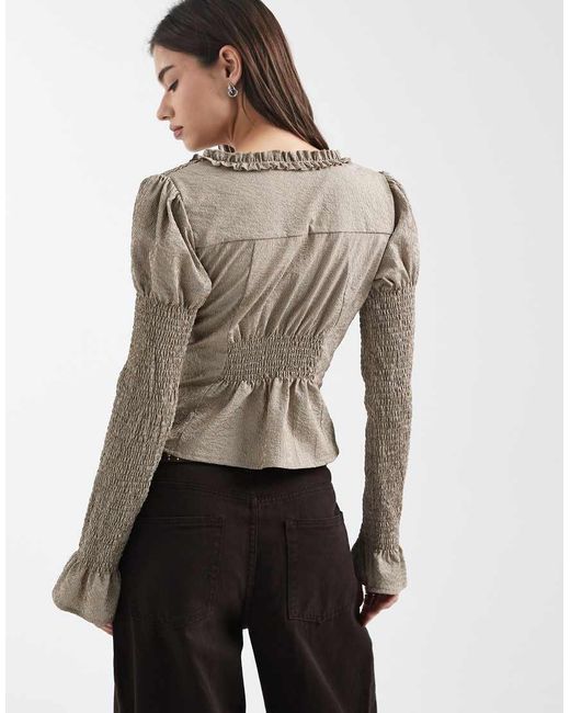 Daisy Street Natural Ruffle Shirred Fitted Long Sleeve Shirt
