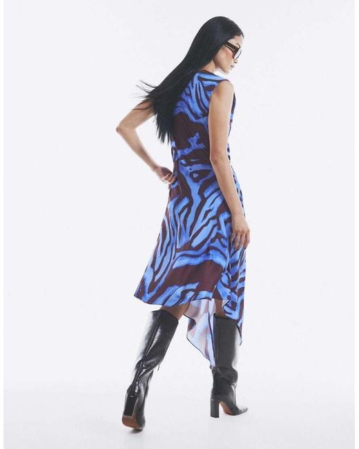 River Island Blue Satin Zebra Print Midi Dress