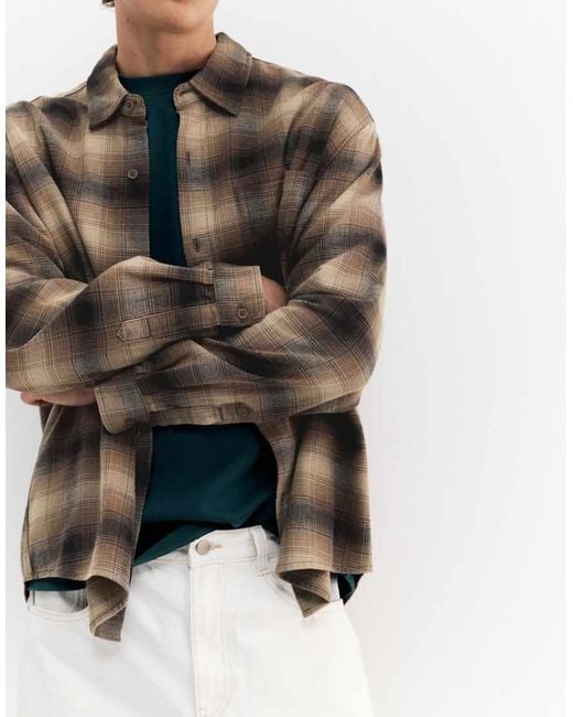 Pull&Bear Brown Long Sleeve Check Shirt for men
