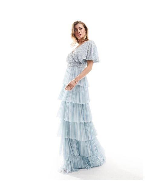 Beauut Blue Bridesmaid Embellished Tiered Maxi Dress