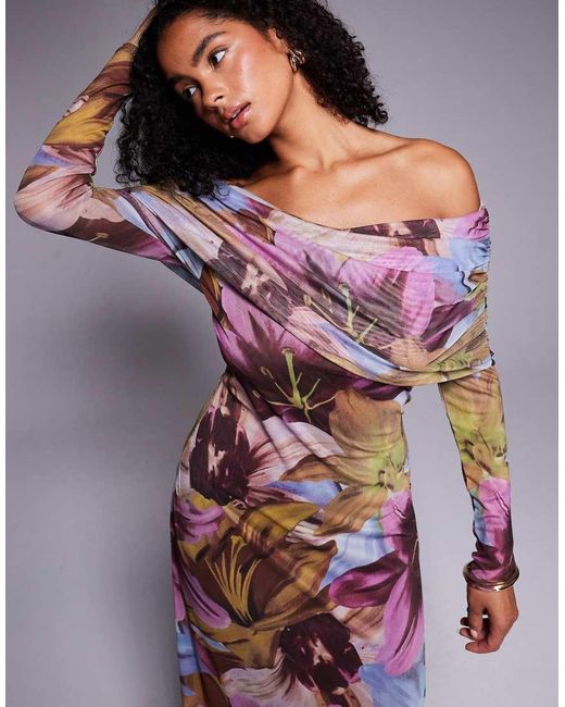Vestido Midi De Manga Larga Con Oscuro Y Escote Bardot De ASOS de color Purple
