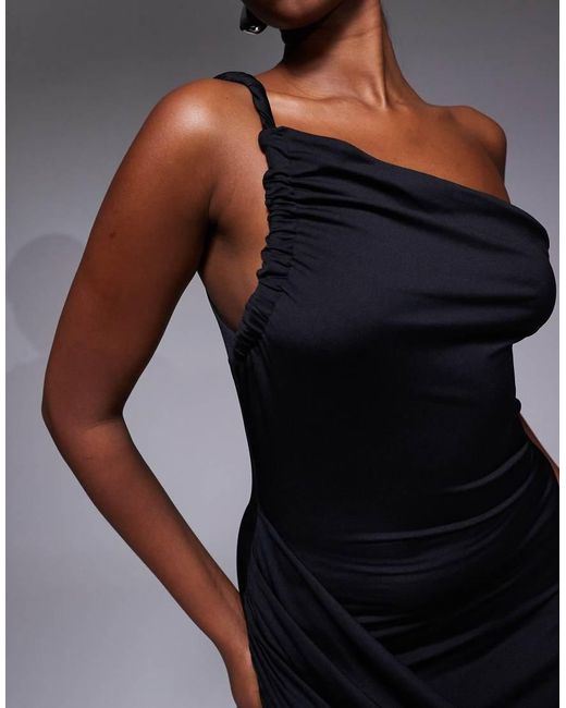 Aria Cove Blue Double Sculpted Slinky Asymmetric Open Back Drape Front Detail Maxi Dress