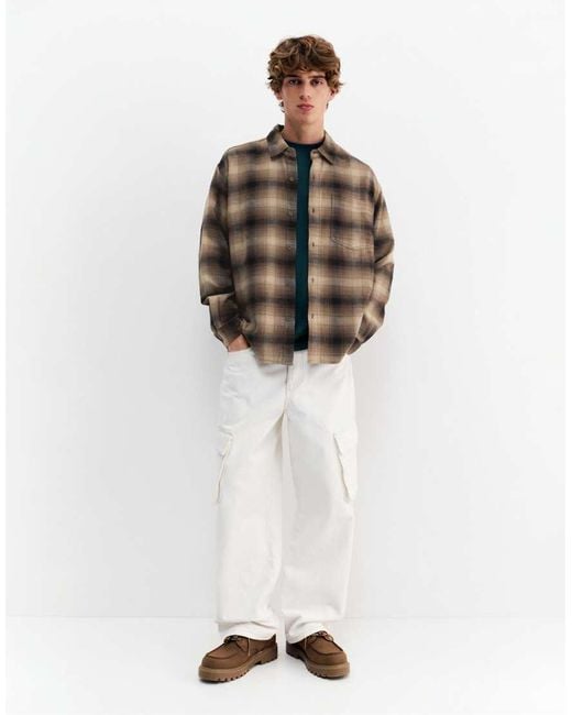 Pull&Bear Brown Long Sleeve Check Shirt for men