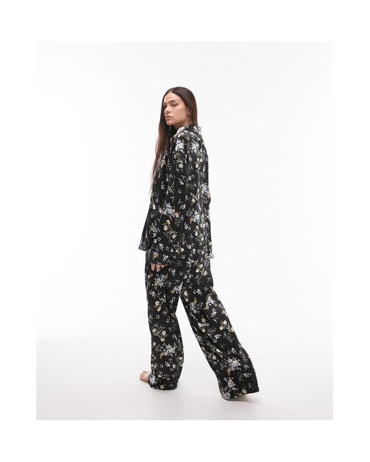 TOPSHOP Black Floral Print Satin Piped Shirt And Trouser Pyjama Set