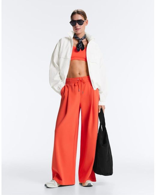 Oysho Red Wide-leg Pleated Piqué Cotton Trousers