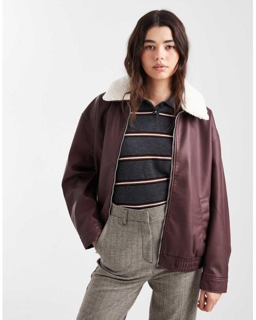 Hollister Red Removable Collar Faux Vegan Leather Bomber Jacket