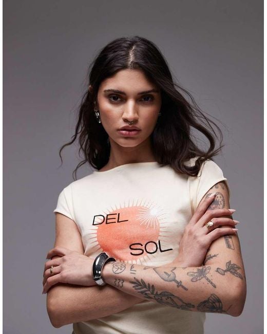 TOPSHOP Brown Graphic Del Sol Cap Sleeve Slash Neck Tee