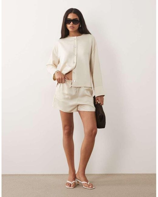 Pretty Lavish Natural Breya Satin Button Up Deep Cuff Blouse