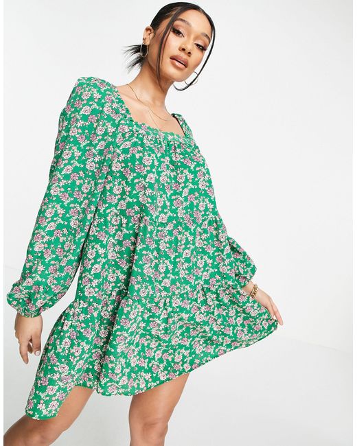 ASOS Tiered Trapeze Mini Smock Dress in Green | Lyst