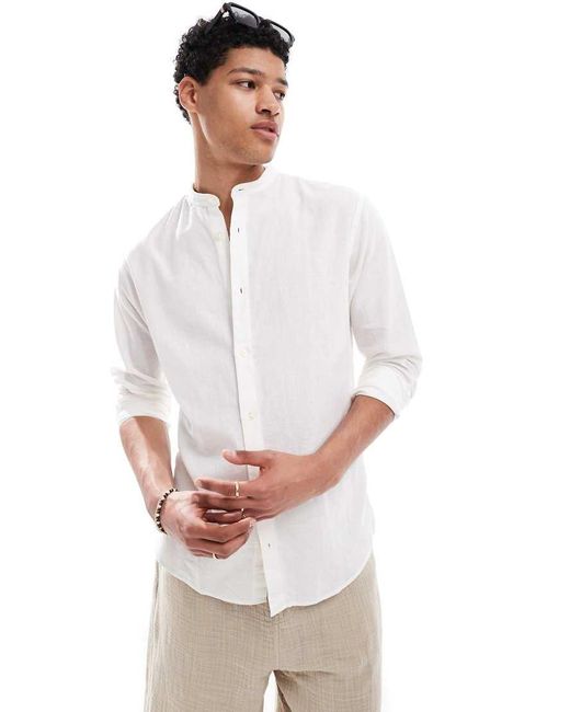 Jack & Jones Slim Fit Overhemd Van Linnenmix Zonder Kraag in het White voor heren