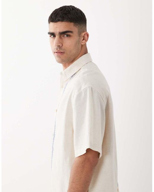 ASOS White Oversized Shirt With Linen And Border Embroidery for men