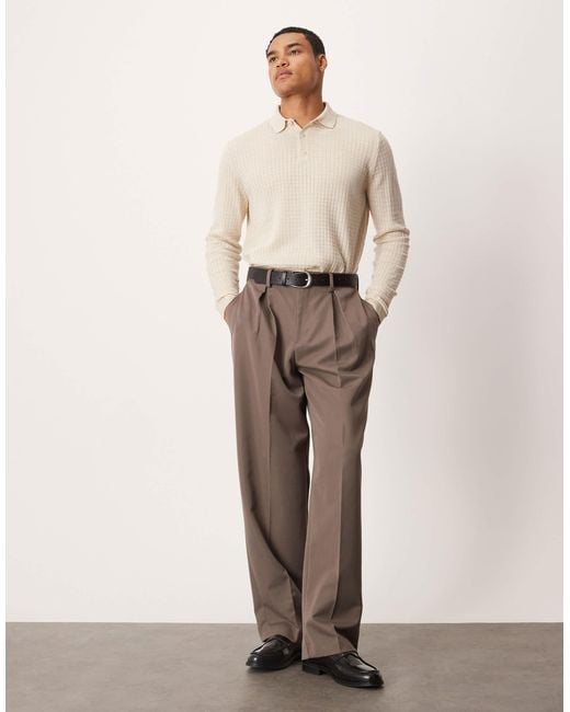 ASOS Natural Relaxed Knitted Textured Long Sleeve Polo for men