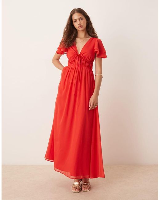 ASOS Maxi Jurk Met V-Hals, Uitlopende Mouwen En Uitsnijding in het Red