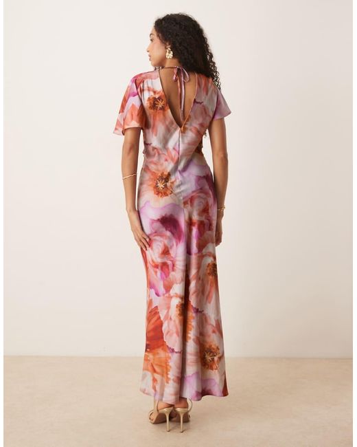 ASOS Satin Knot Detail Cutout Midi Dress Pink Orange Floral
