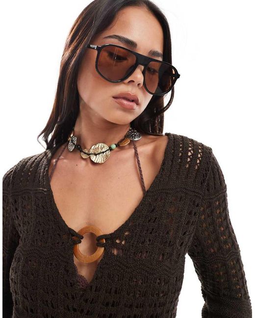 Miss Selfridge Gehaakte Festival-Playsuit Met Uitlopende Mouwen En O-Ring in het Black