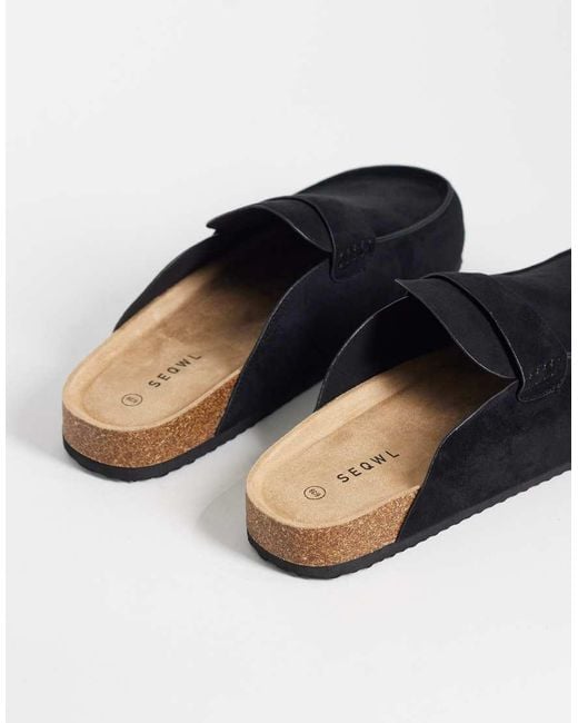 SEQWL Wide Fit Black Soda Slip On Loafer Style Mules
