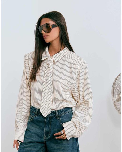 Lioness Gray Exclusive Chelsea Oversized Shoulder Pad Detail Shirt With Tie