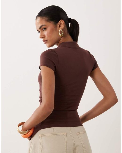 ASOS Brown Stand Collar Cap Sleeve Top