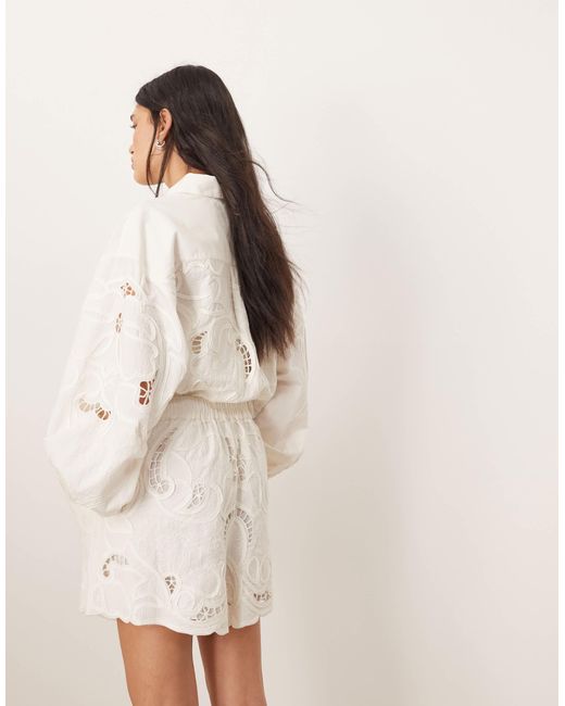 ARRANGE Natural Cotton Mirrored Floral Embroidered Cutwork Shorts Co-ord