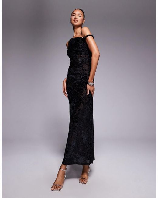 Kaiia Blue Exclusive Devore Off Shoulder Twist Maxi Dress