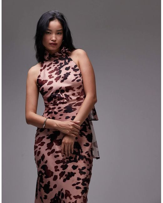 TOPSHOP Brown – ärmelloses satin-kleid mit blumenmuster, schleife am ausschnitt und schrägschnitt
