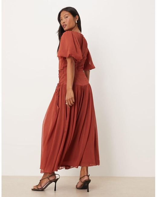 ASOS Red Asos Design Petite Puff Sleeve Chiffon Midaxi Dress