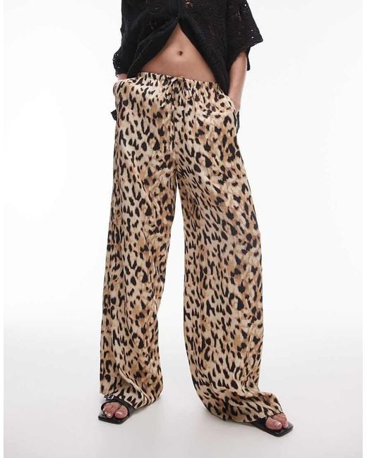 TOPSHOP Multicolor Leopard Printed Satin Straight Leg Tie Waist Trouser