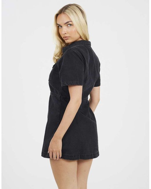 Brave Soul Black Collared A-Line Denim Mini Dress