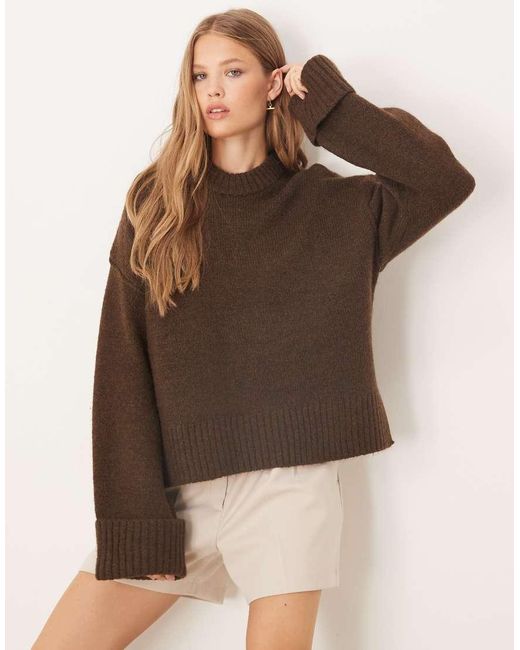 Gina Tricot Brown Relaxed Crew Neck Folded Sleeve Knitted Sweater