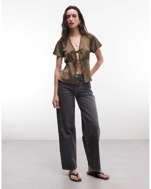 Reclaimed Vintage Green Satin Tie Front Top