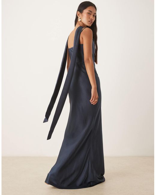 Pretty Lavish Blue Bridesmaid Keisha Satin Cowl Neck Maxi Dress With Scarf