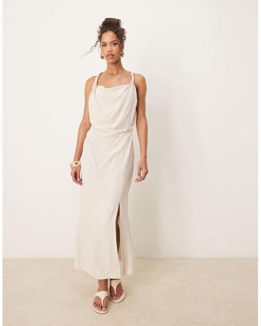 Robe mi-longue froncée en lin avec bretelles torsadées - grège ASOS en coloris Natural