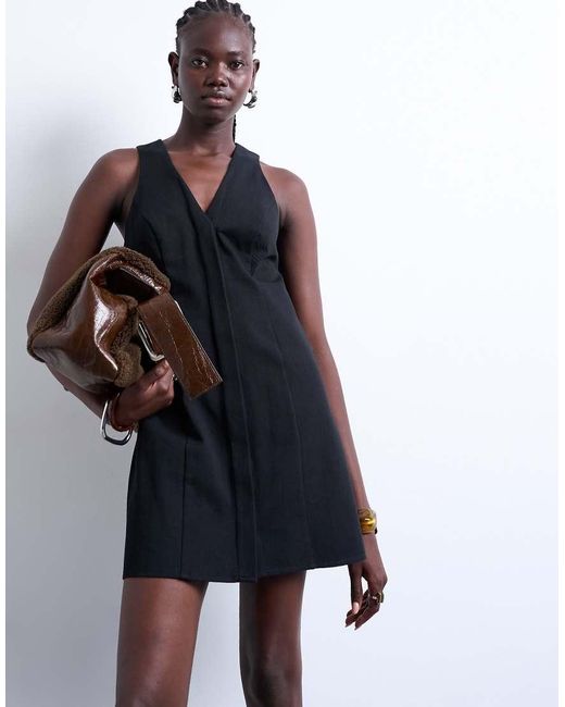 TOPSHOP Blue V Neck Clean Placket Structured Mini Dress