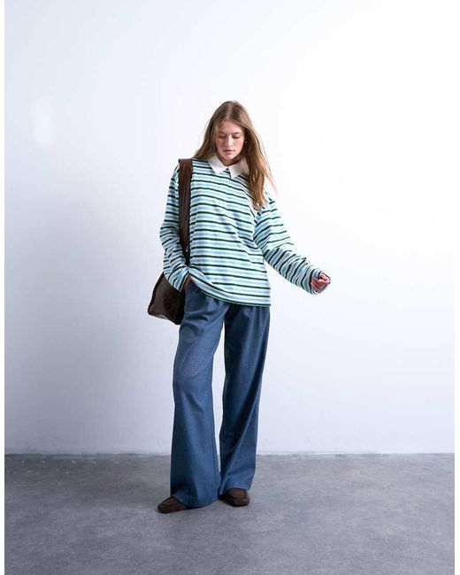 TOPSHOP Blue Towelling Stripe Polo Shirt
