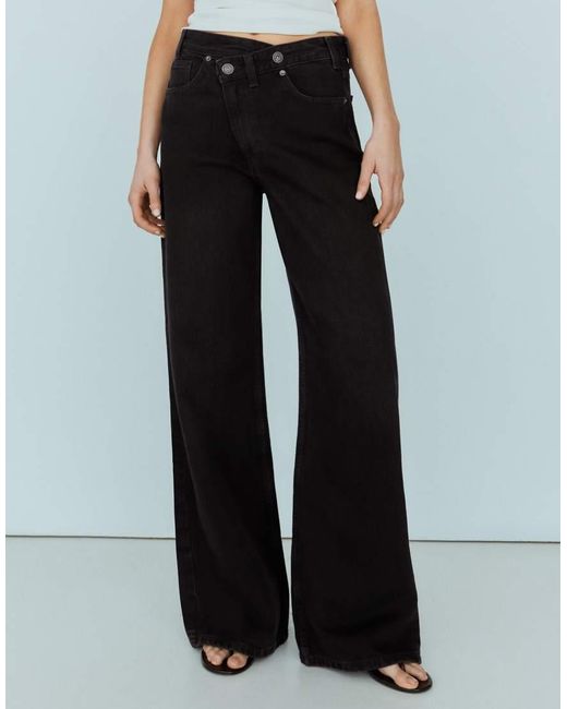 Bershka Black Petite Wide-Leg Cross-Waist Jeans